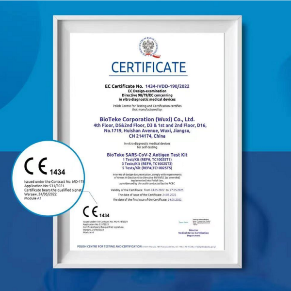 CE1434！ Bioteke Sars-Cov-2 Тестовый комплект антигена прошел сертификацию CE